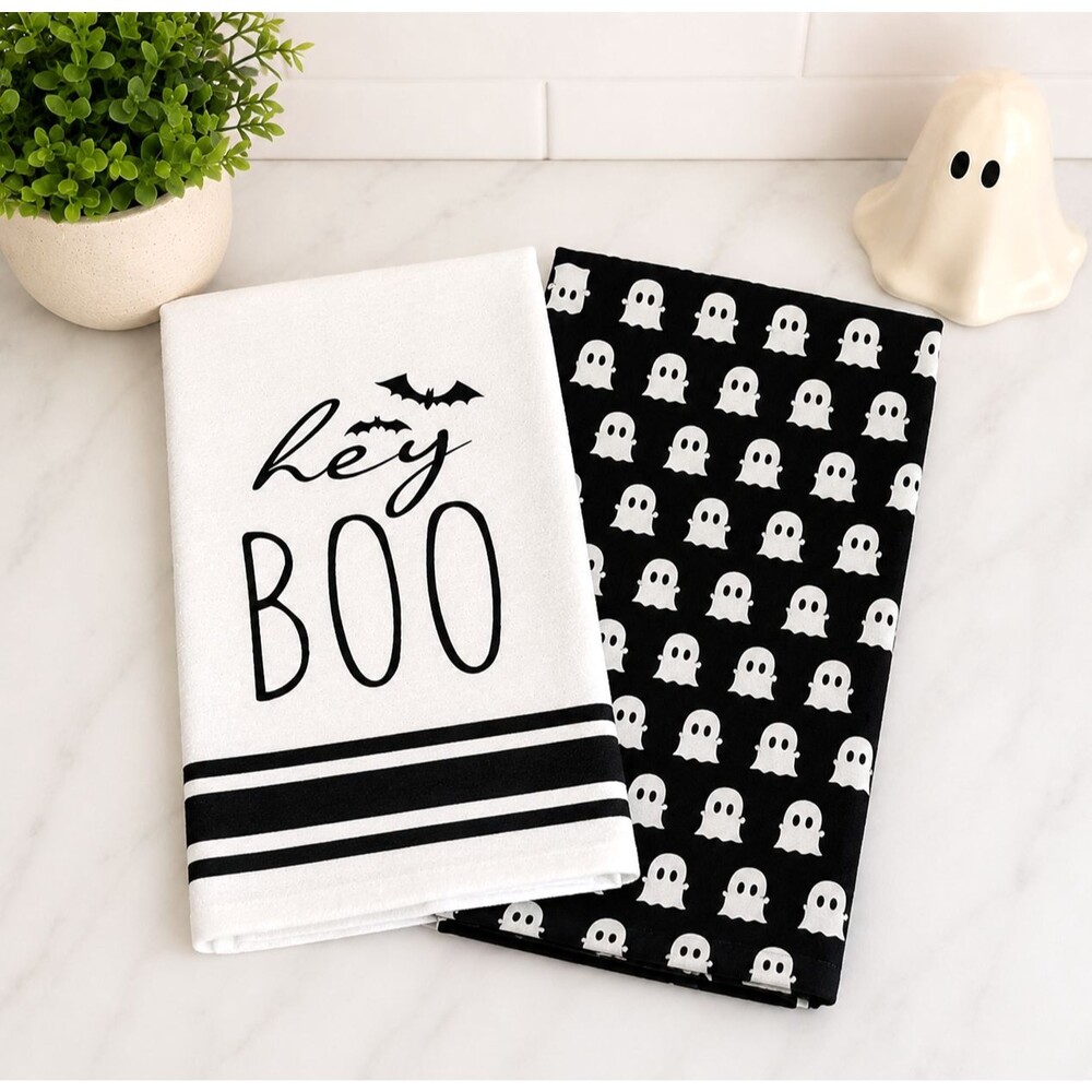 Halloween Ghost Kitchen Towels Black White Microfiber Spooky Decor 2 Piece NEW